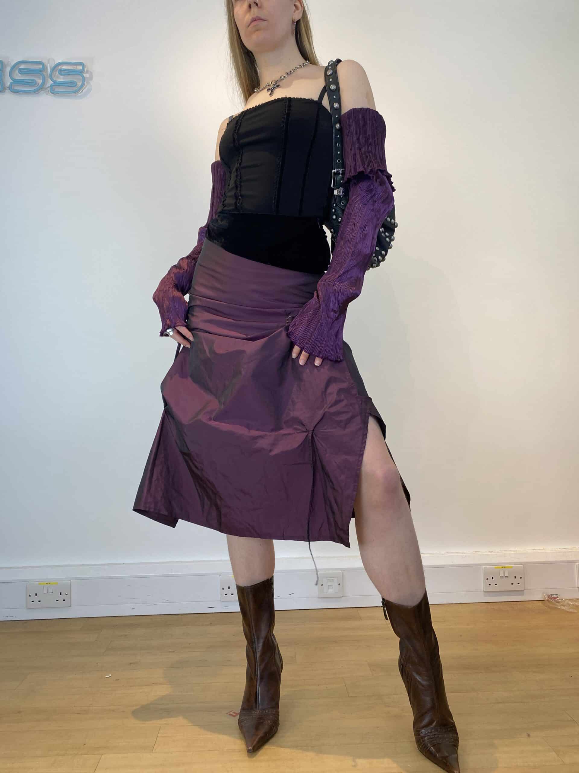 90s purple metallic midi skirt
