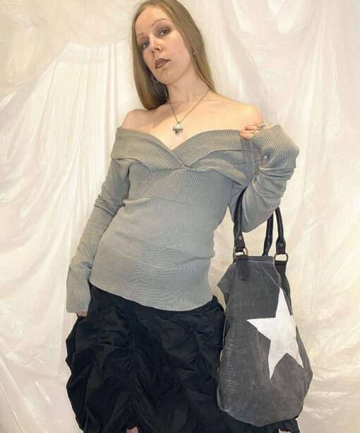 Vintage Off the Shoulder V Neck Jumper