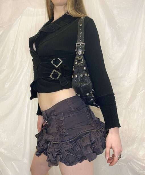 90s Grunge Buckle V neck Cropped Knit Jumper