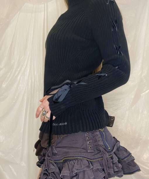 DKNY Jeans Chunky Cable Knit Jumper lace up bow detail