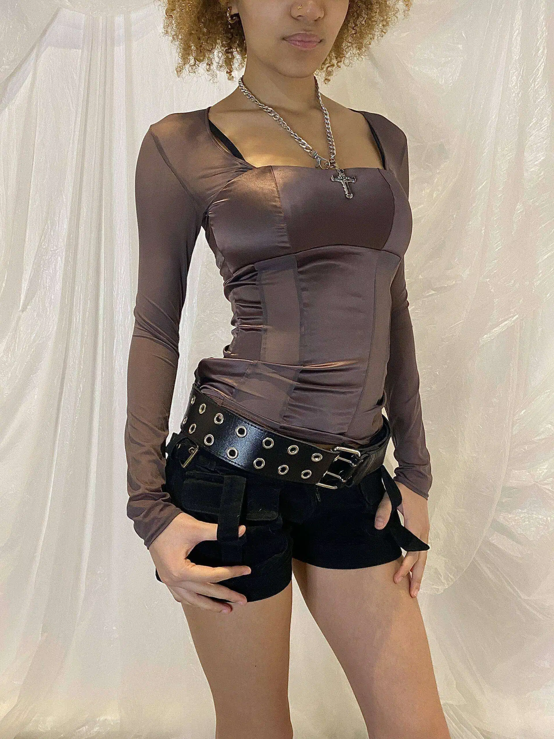 Vintage Grunge Corset Mesh Long Sleeve top XS