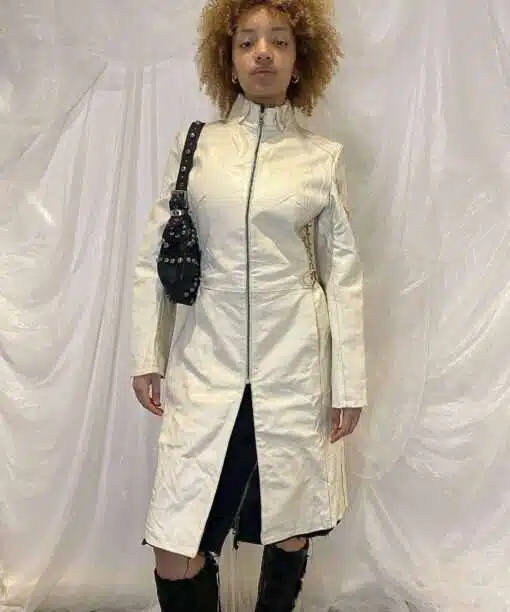 Vintage White Leather Trench Coat lace up sides Size S/M