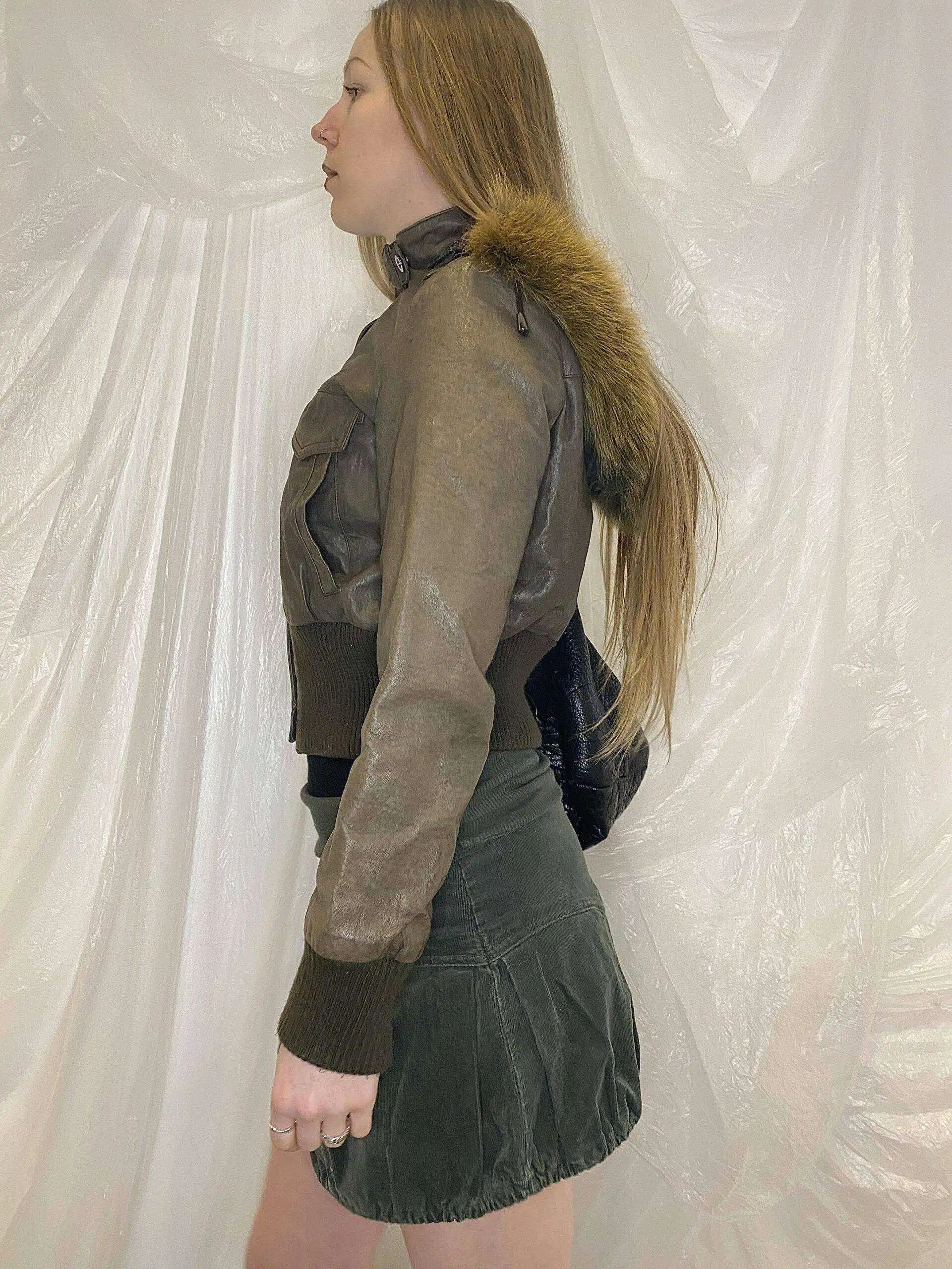 Y2K Vintage cropped Leather Bomber Jacket with Fur Hood Size S Size UK 8/10 - Image 8