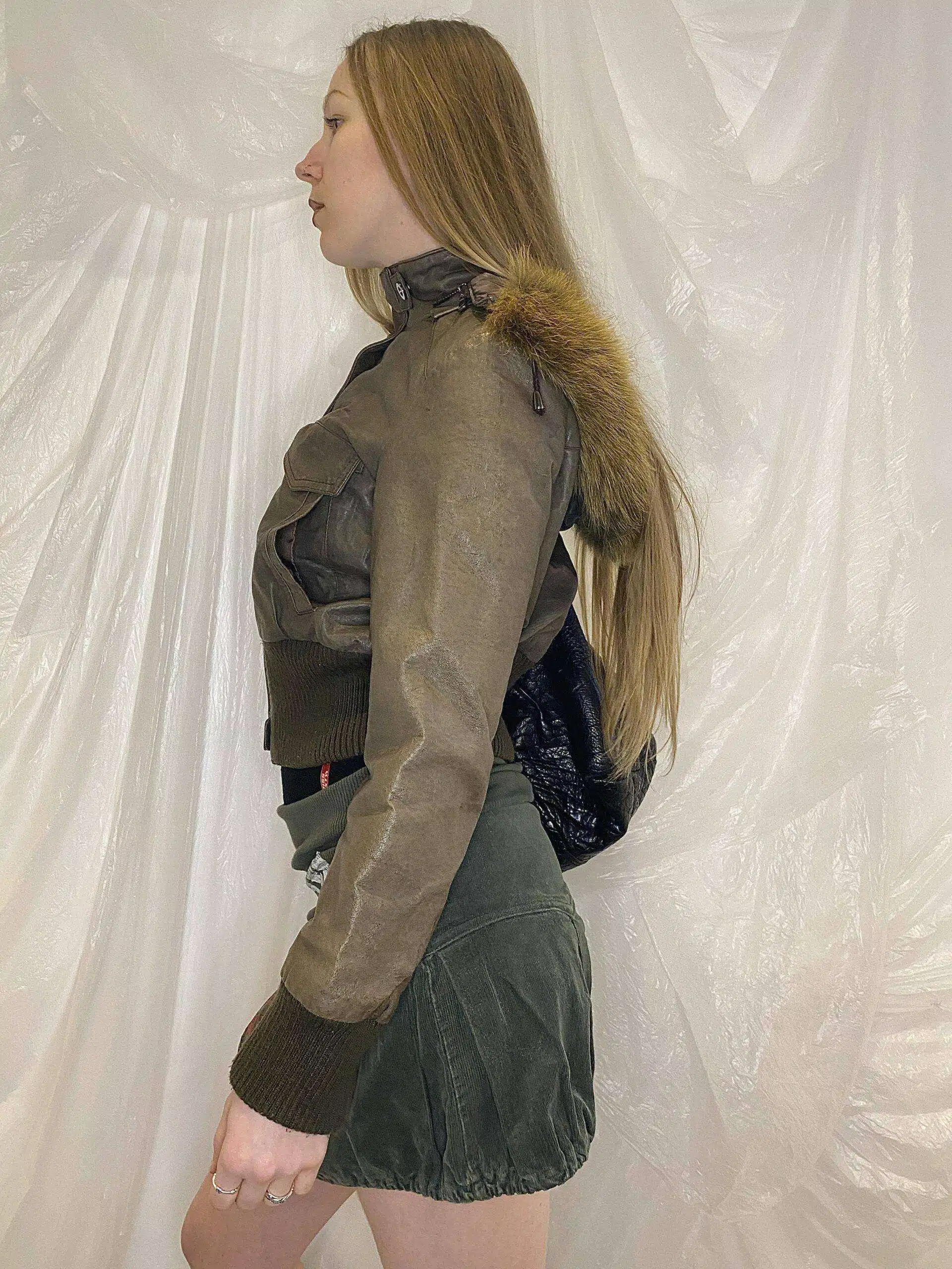 Y2K Vintage cropped Leather Bomber Jacket with Fur Hood Size S Size UK 8/10 - Image 6
