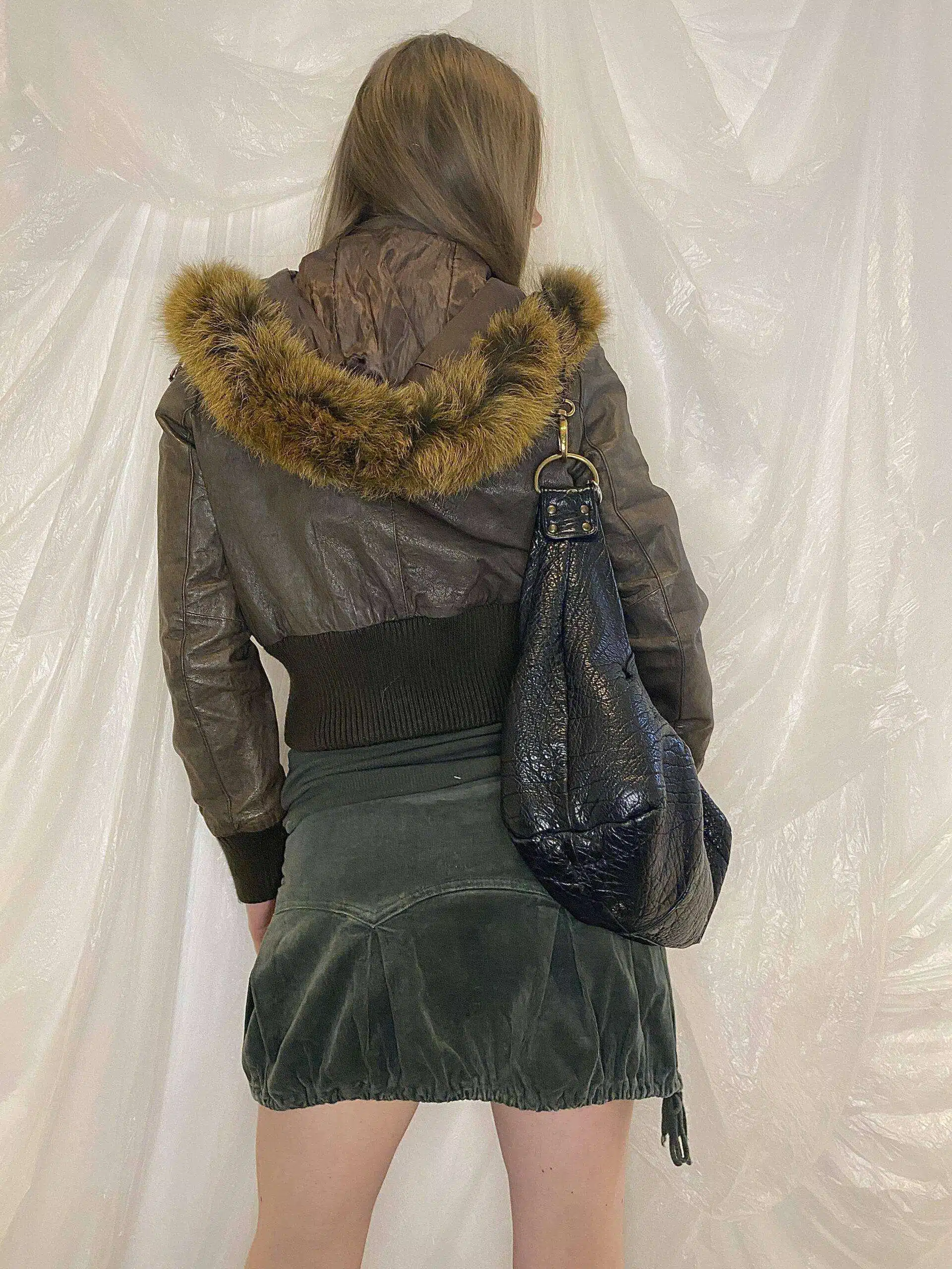 Y2K Vintage cropped Leather Bomber Jacket with Fur Hood Size S Size UK 8/10 - Image 7
