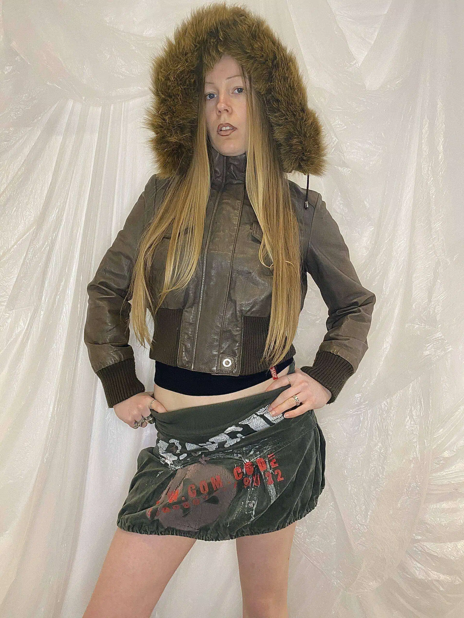 Y2K Vintage cropped Leather Bomber Jacket with Fur Hood Size S Size UK 8/10