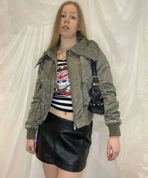 Alternative view of Y2K Aviator Flight Utility Cropped Bomber Jacket Size S