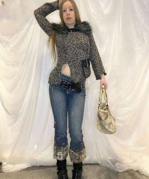 Y2K Vintage Embellished Denim Capri's with Fur Cuffs Size S