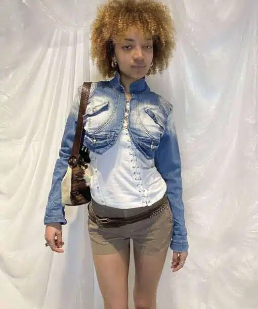 Y2K Cropped Denim Jacket Bolero Lace up Back (S)