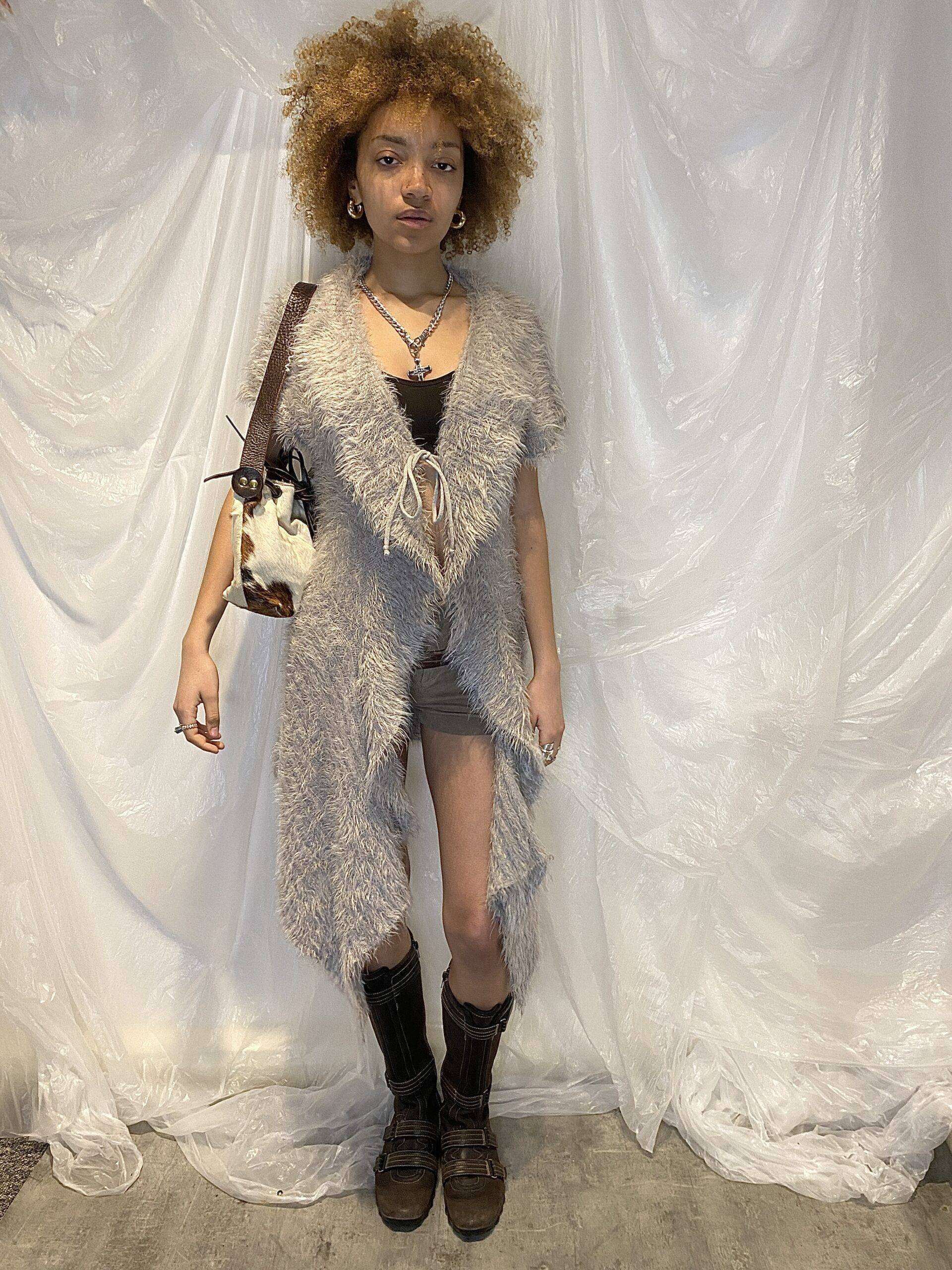 Vintage Fluffy Tie Up Maxi Cardigan with Crochet Open Back (S/M)