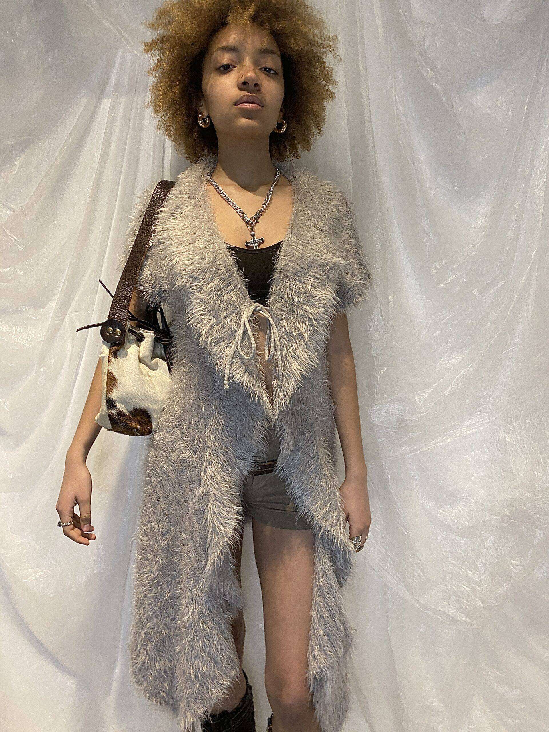 Vintage Fluffy Tie Up Maxi Cardigan with Crochet Open Back (S/M) - Image 2