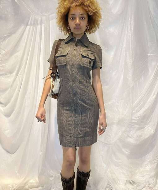Vintage Houndstooth Zip Up Utility Diesel Dress (S)