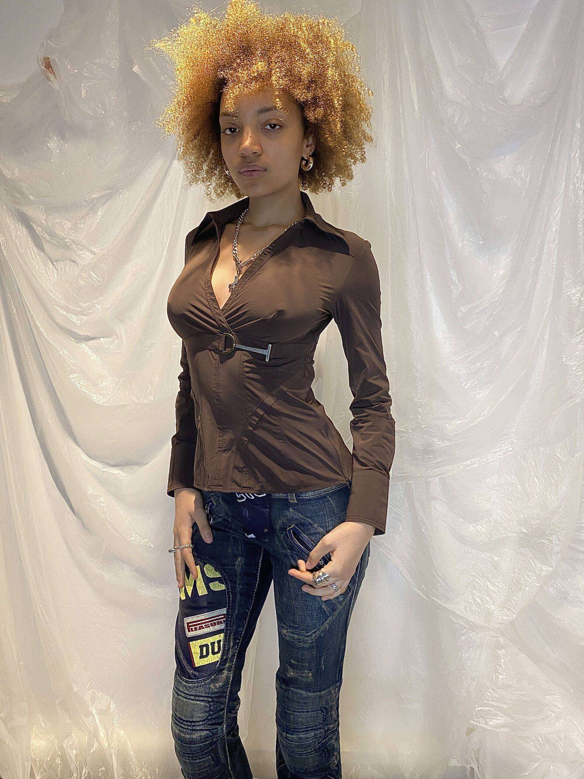 Y2K Karen Millen Brown Office Shirt (S/XS)