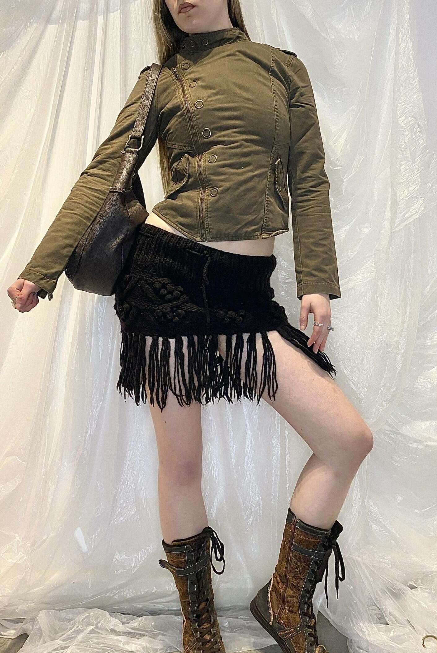 Vintage Crochet Wool Stretch Mini Skirt with Fringe (S)