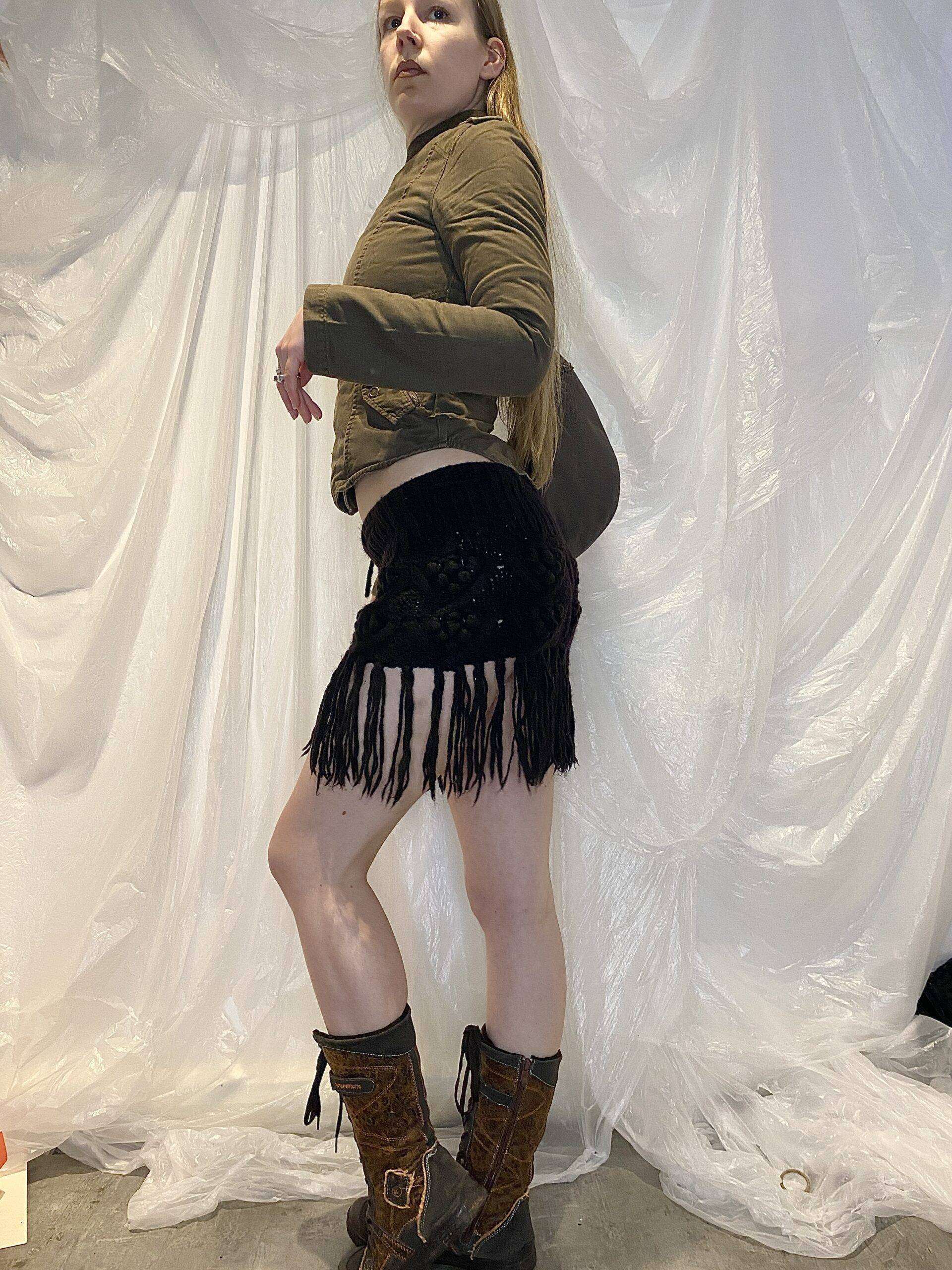 Vintage Crochet Wool Stretch Mini Skirt with Fringe (S) - Image 3