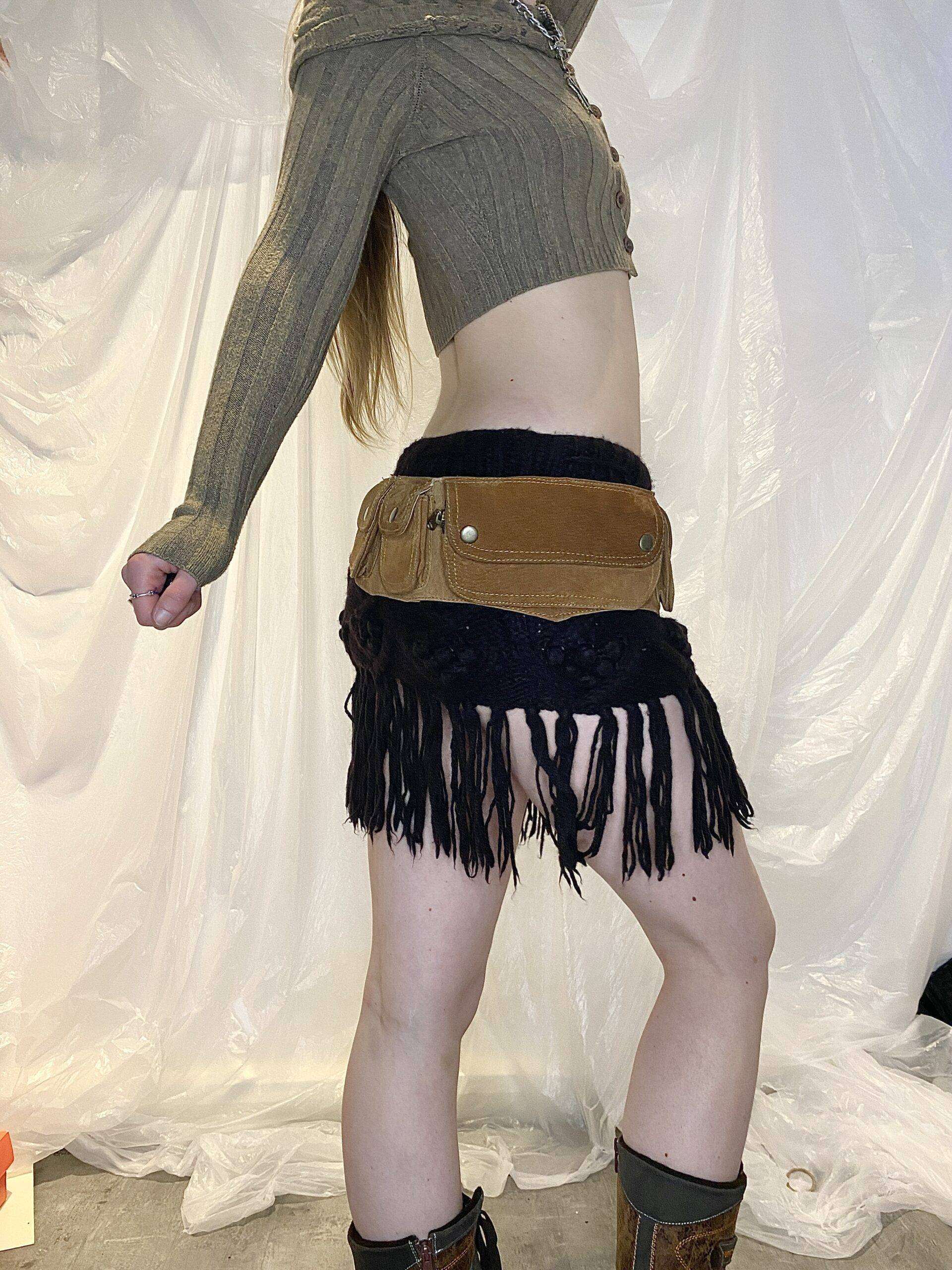 Vintage Crochet Wool Stretch Mini Skirt with Fringe (S) - Image 5