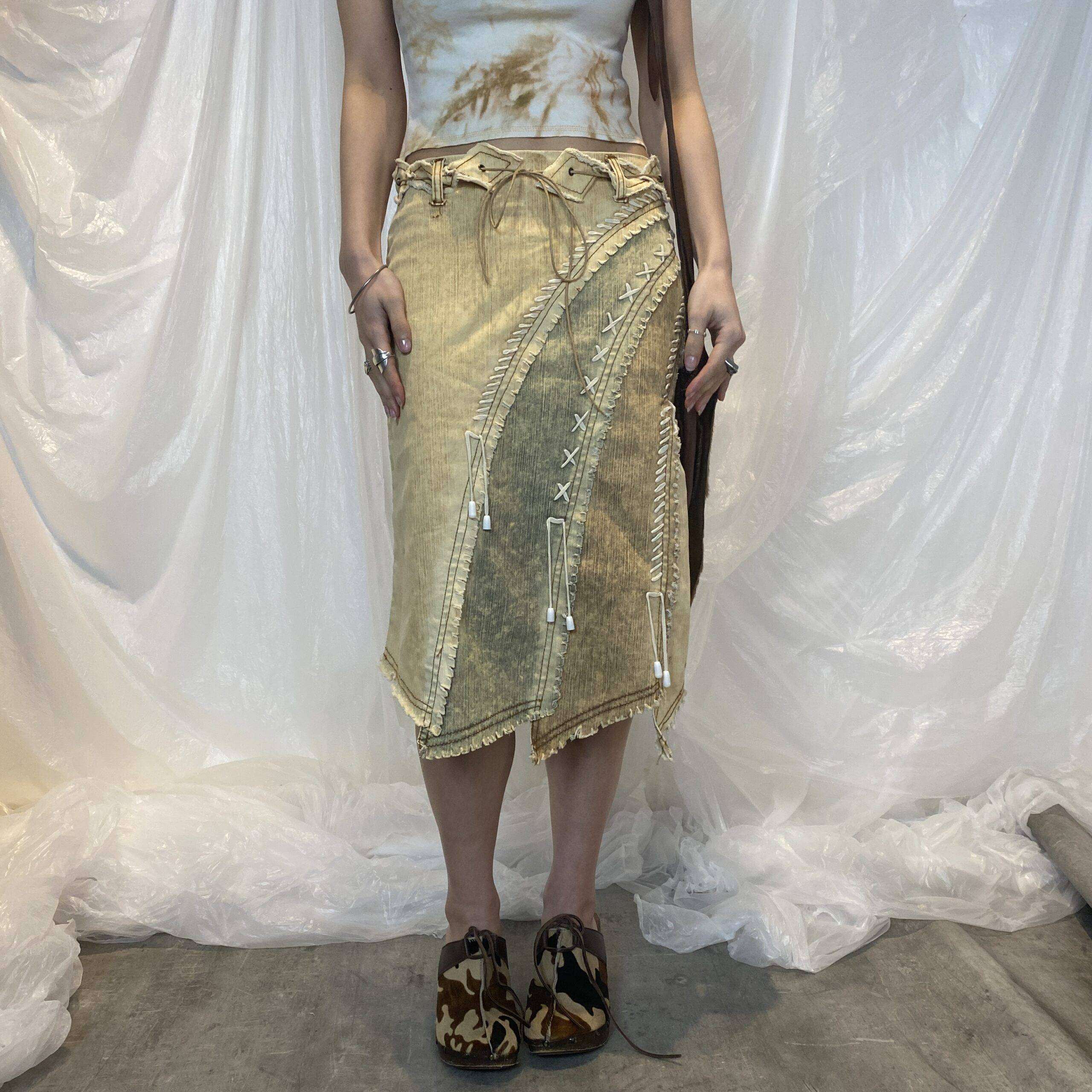 Y2K Boho Midi Skirt with Lace Up Detail (S)