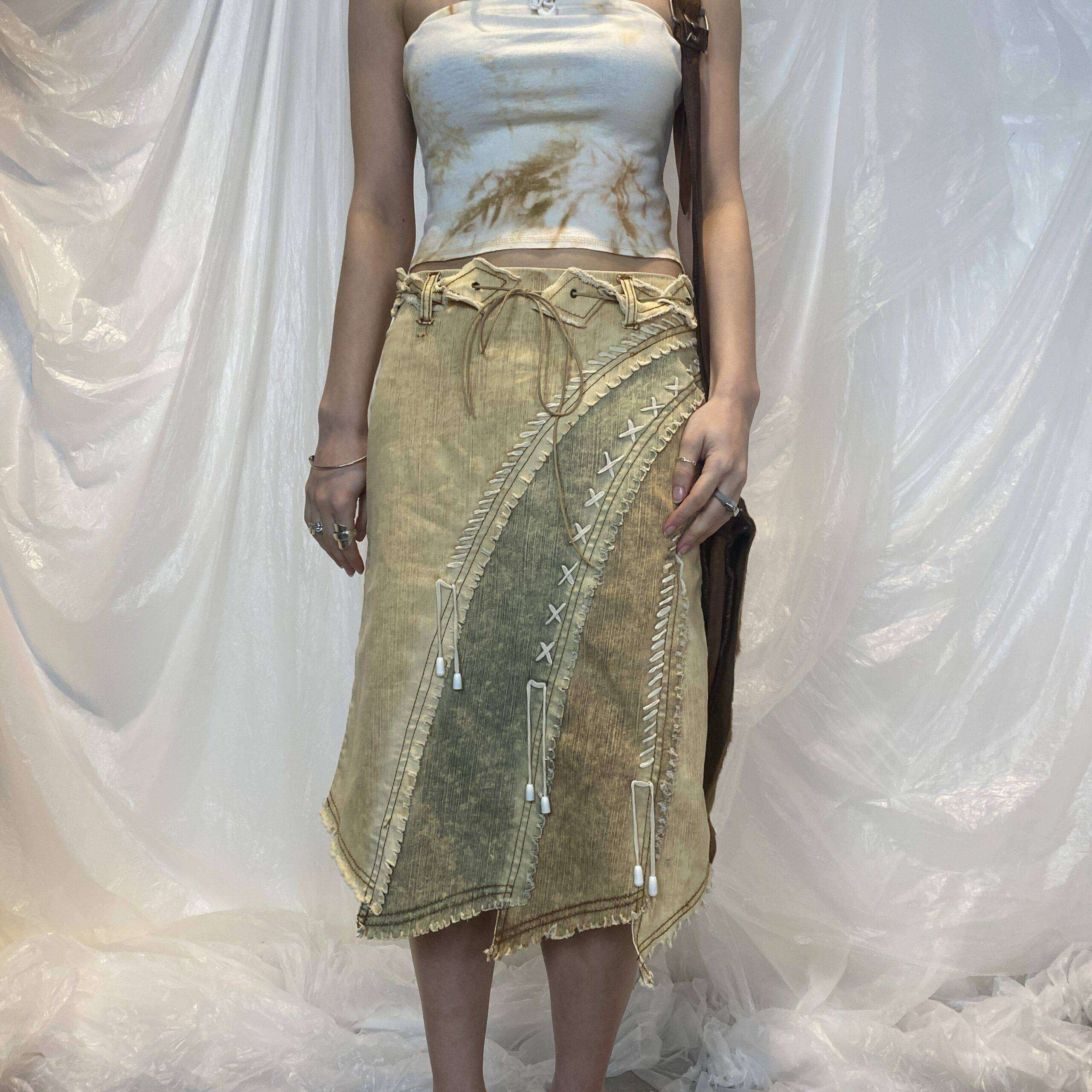 Y2K Boho Midi Skirt with Lace Up Detail (S) - Image 2