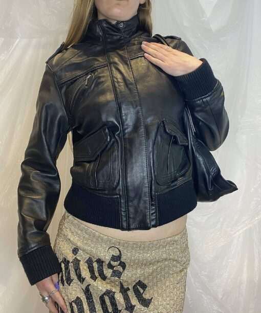 Vintage Black Leather Bomber Jacket (M)