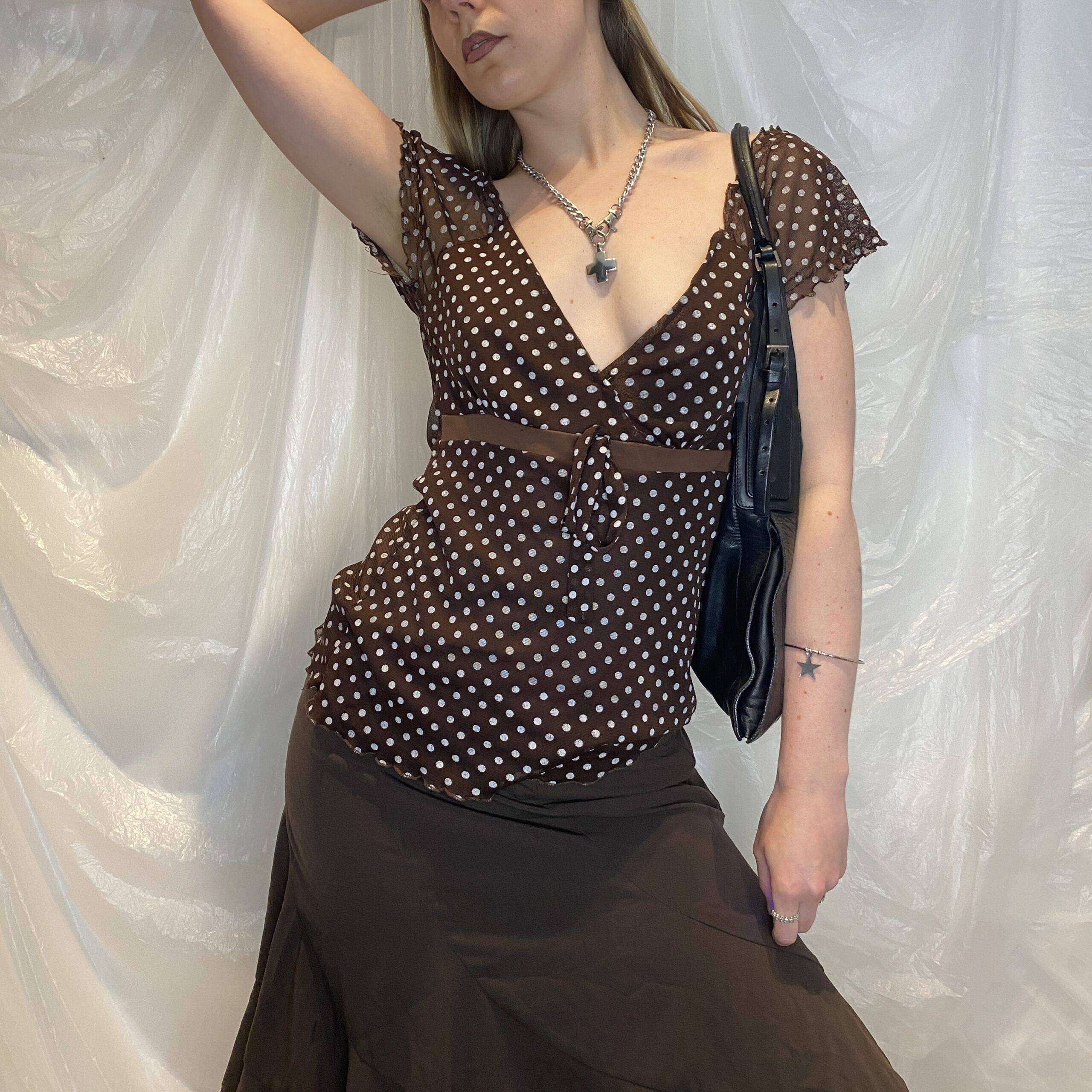 Vintage Polka Dot Mesh Ruffle Floaty Top (M)