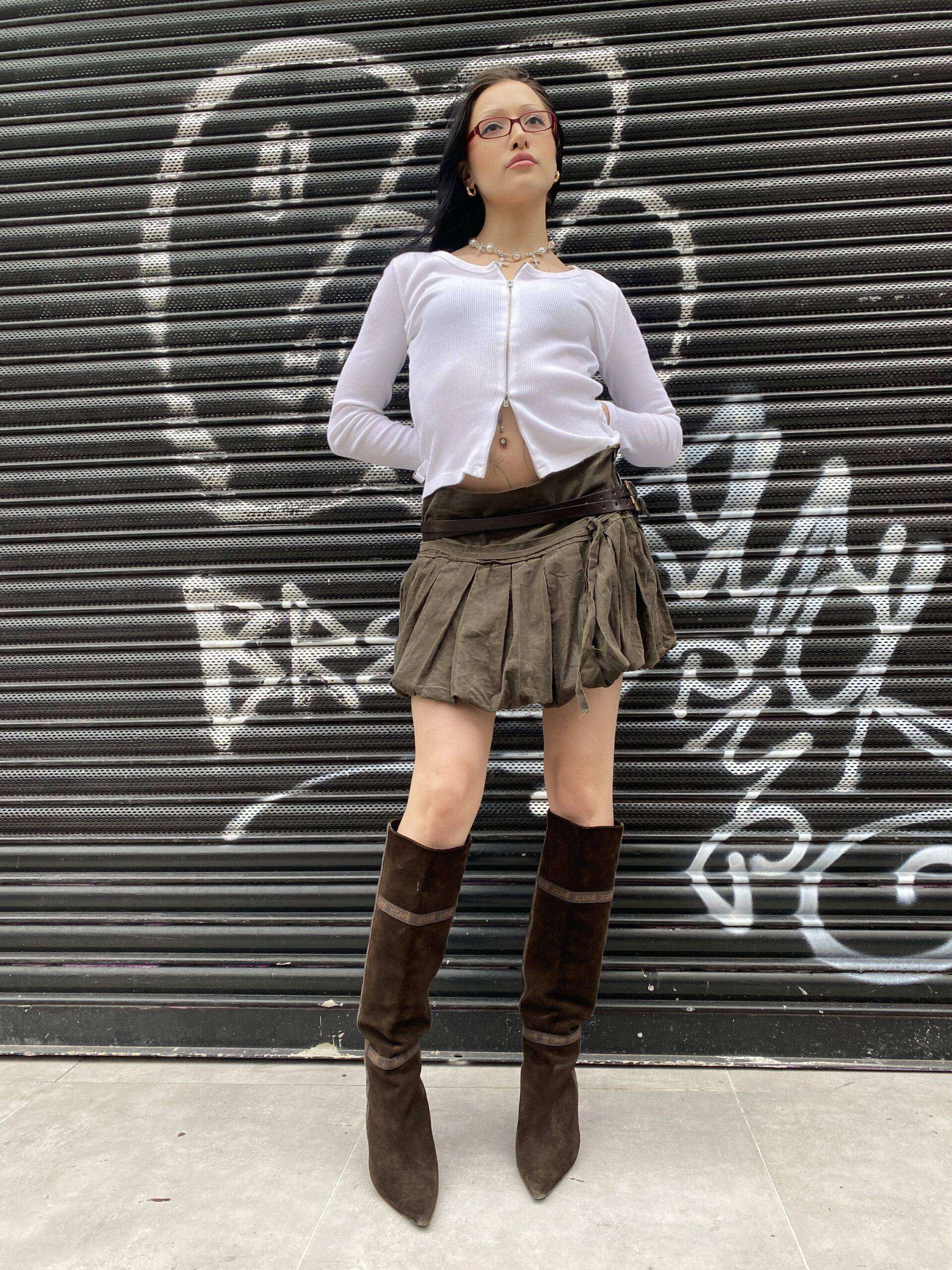 Vintage Khaki Bubble Skirt with bow (S/M) - Image 2