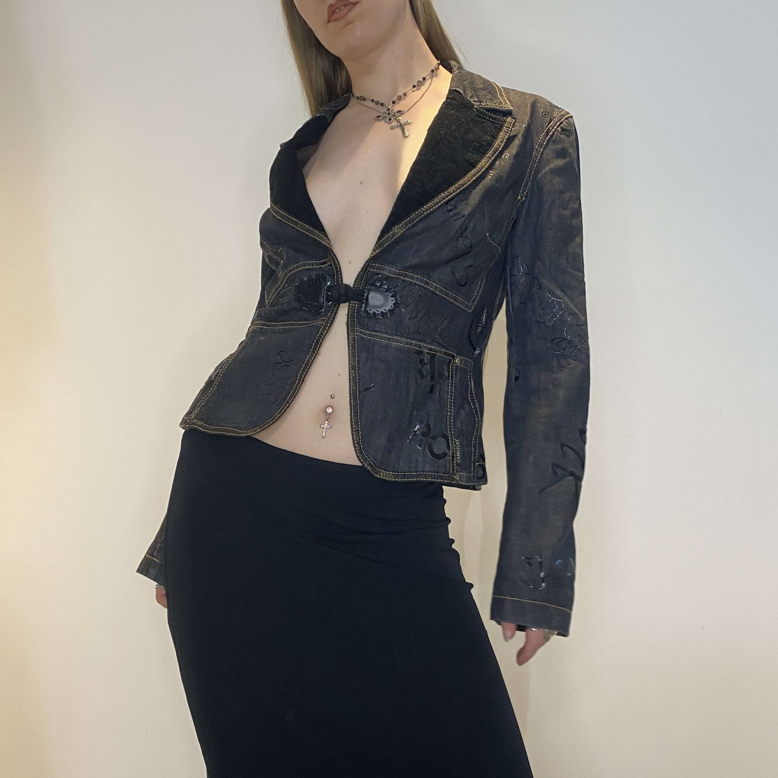 Vintage Graphic Print Calligraphy Denim Blazer Jacket (M)