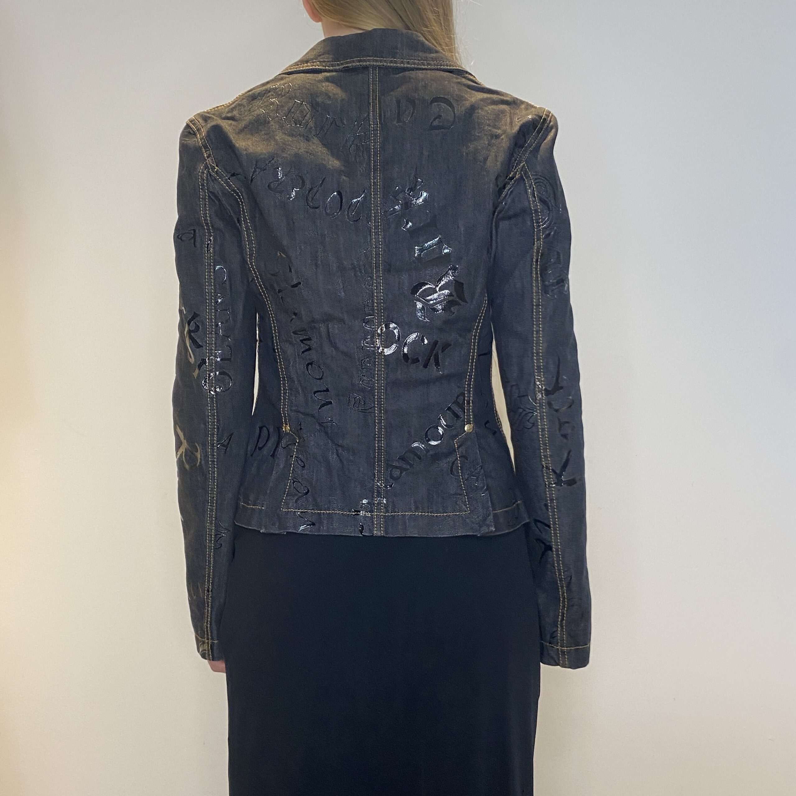 Vintage Graphic Print Calligraphy Denim Blazer Jacket (M) - Image 6