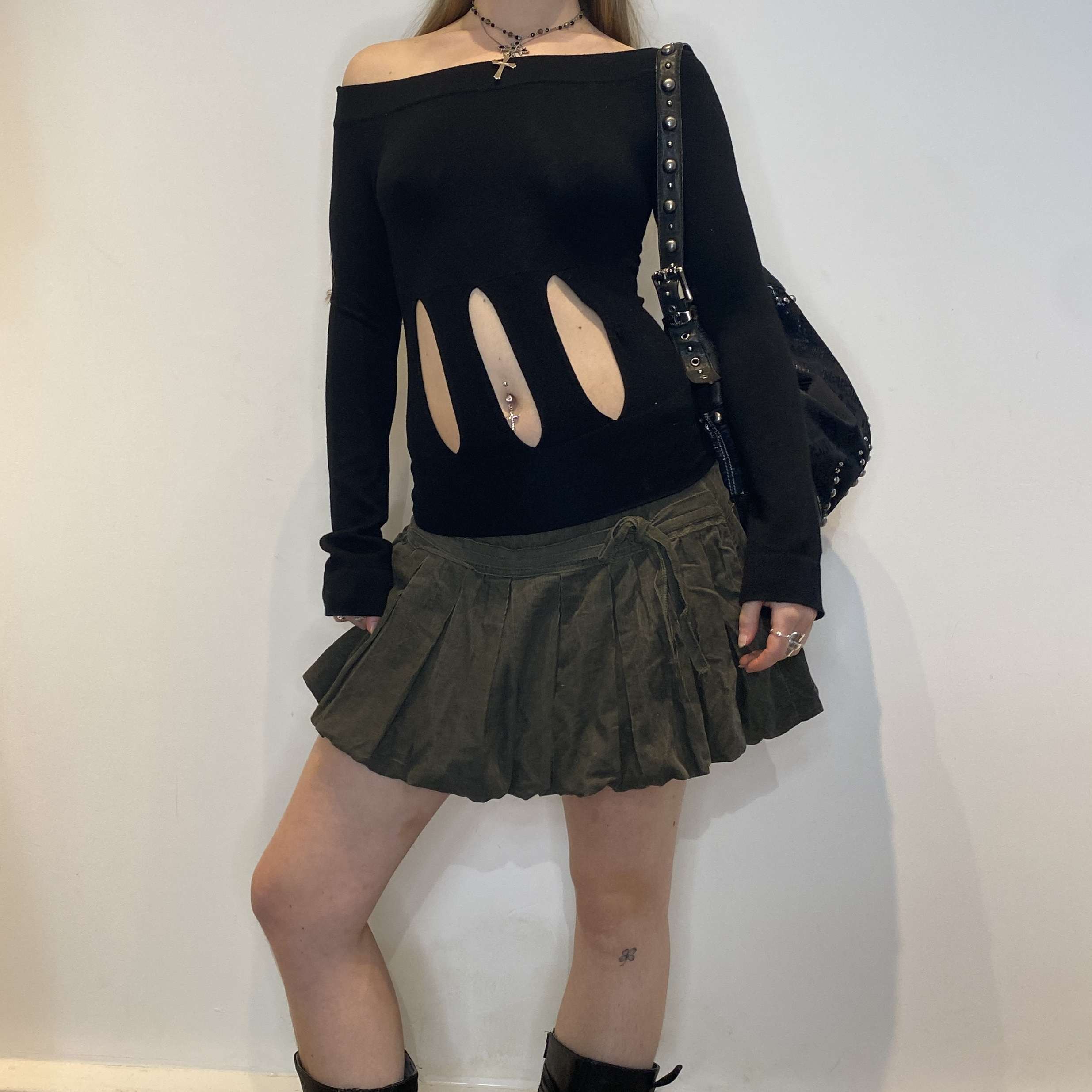Vintage Khaki Bubble Skirt with bow (S/M) - Image 7