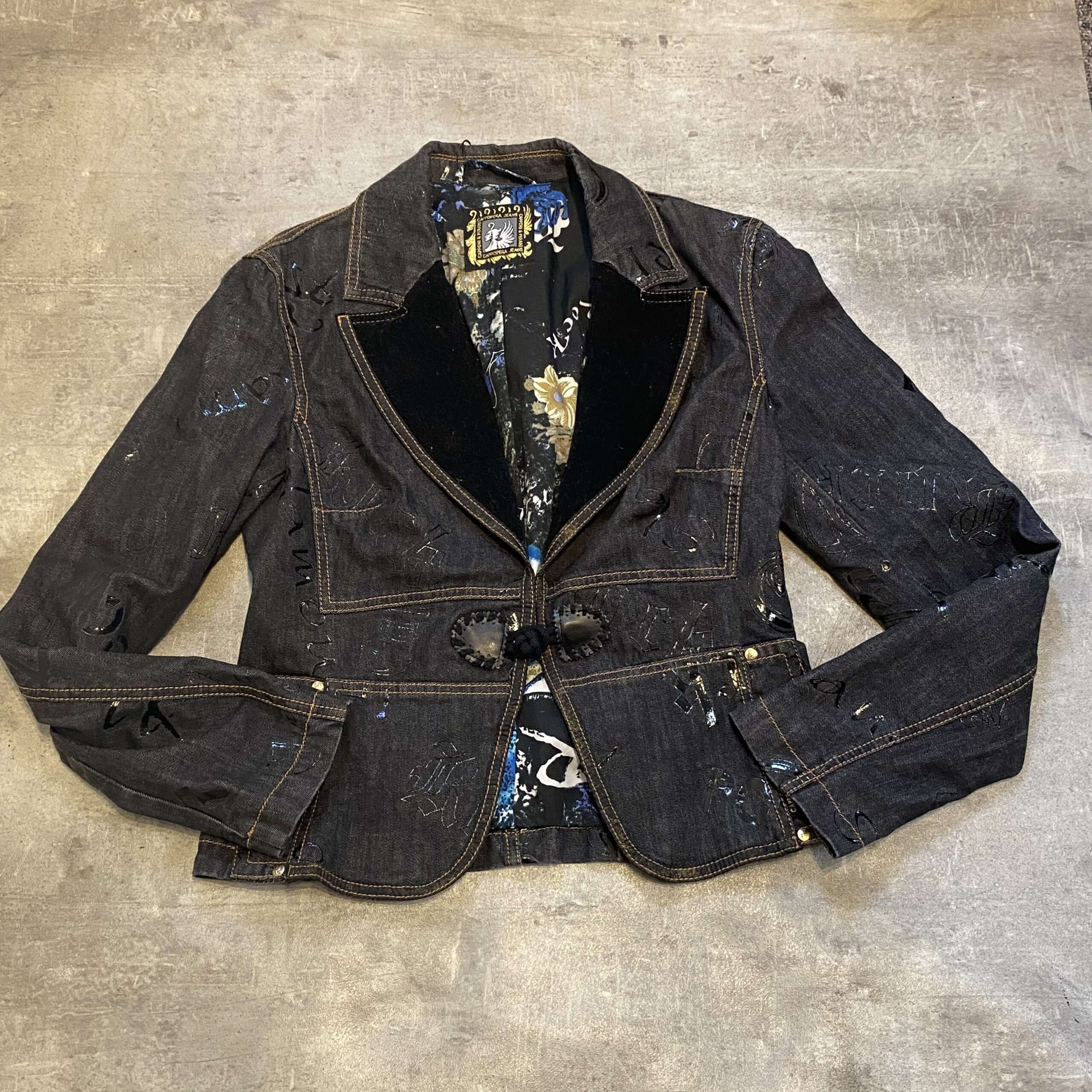 Vintage Graphic Print Calligraphy Denim Blazer Jacket (M) - Image 7
