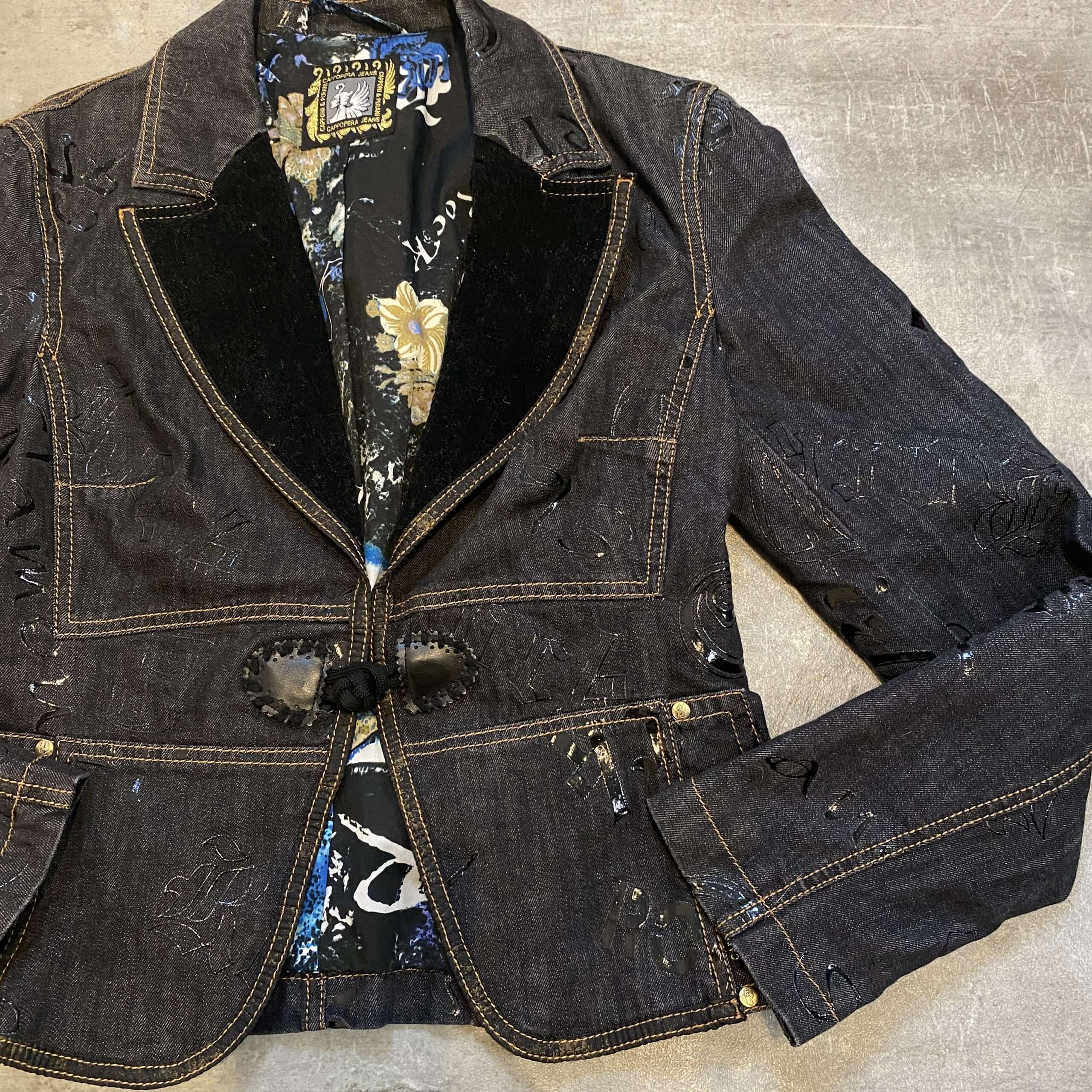 Vintage Graphic Print Calligraphy Denim Blazer Jacket (M) - Image 4