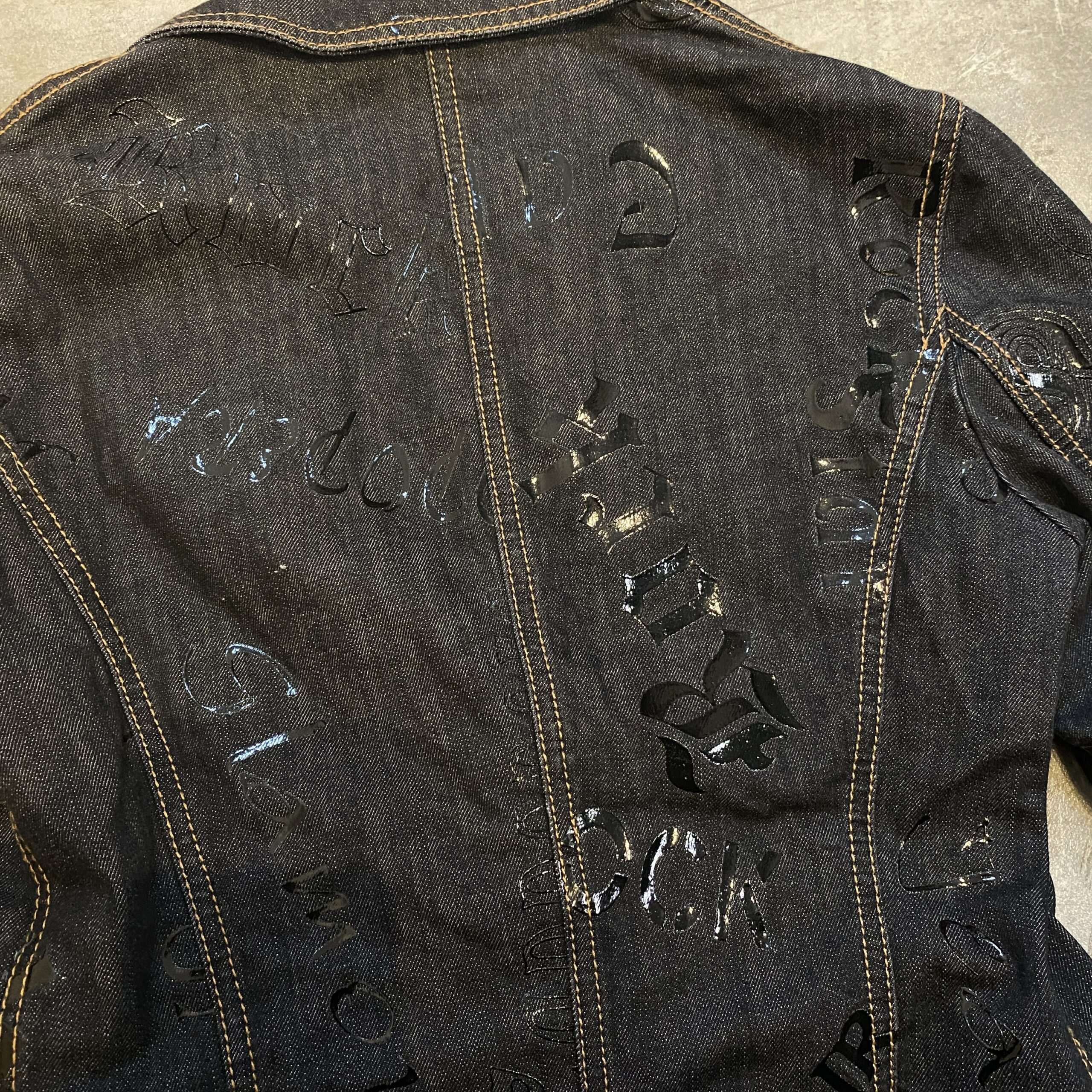 Vintage Graphic Print Calligraphy Denim Blazer Jacket (M) - Image 3