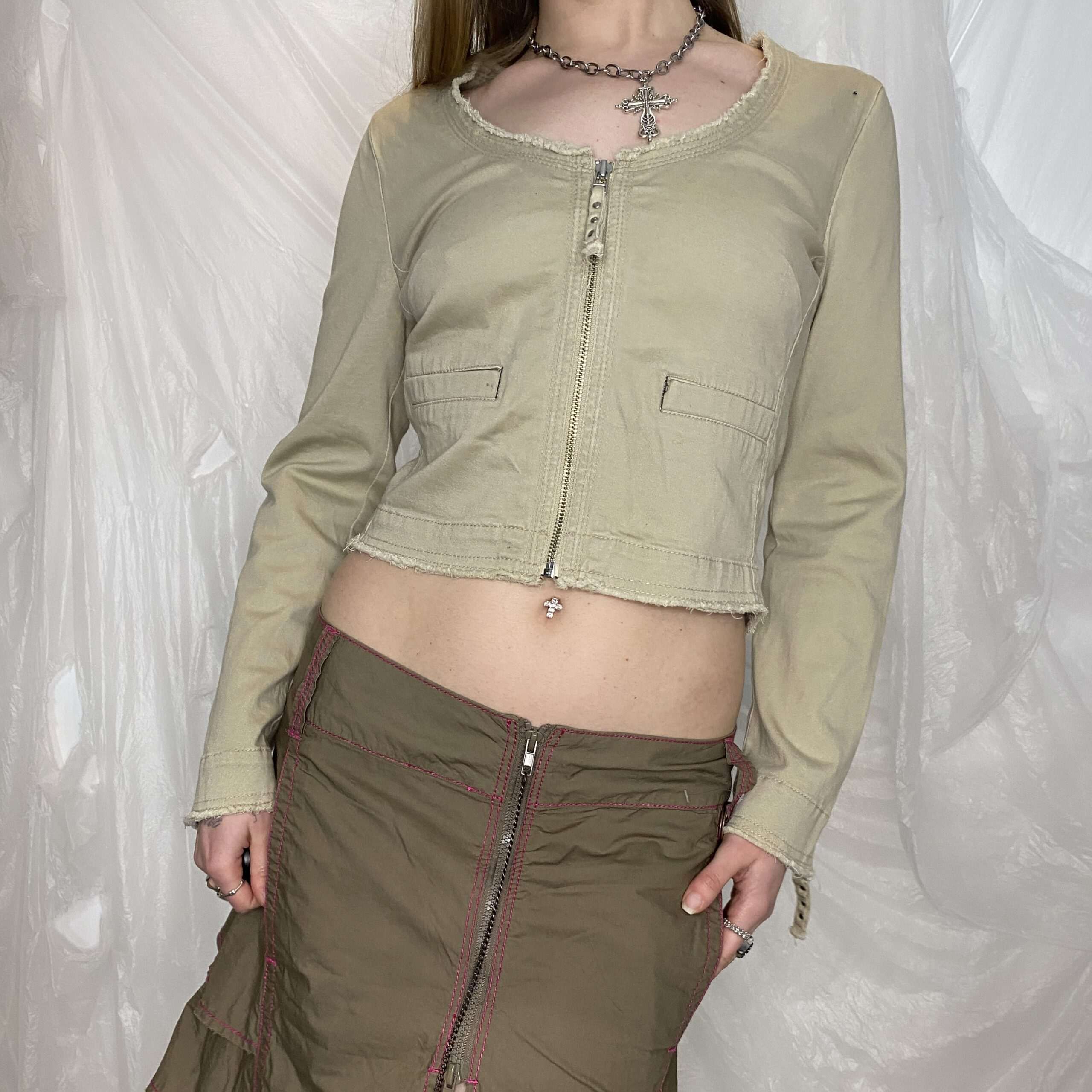 Vintage Utility Studded Zip Up Cropped Jacket (M) - Image 2