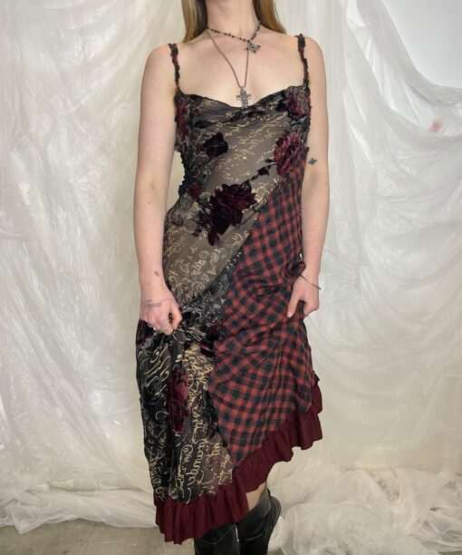 Alternative view of Vintage Romantic Ruffle Plaid Maxi Dress (S/M)