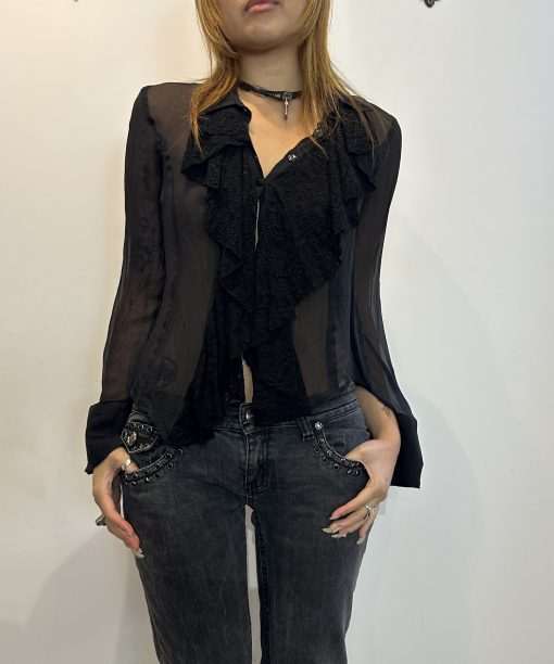 Vintage Sheer Blouse with Lace Trim (XS-S)