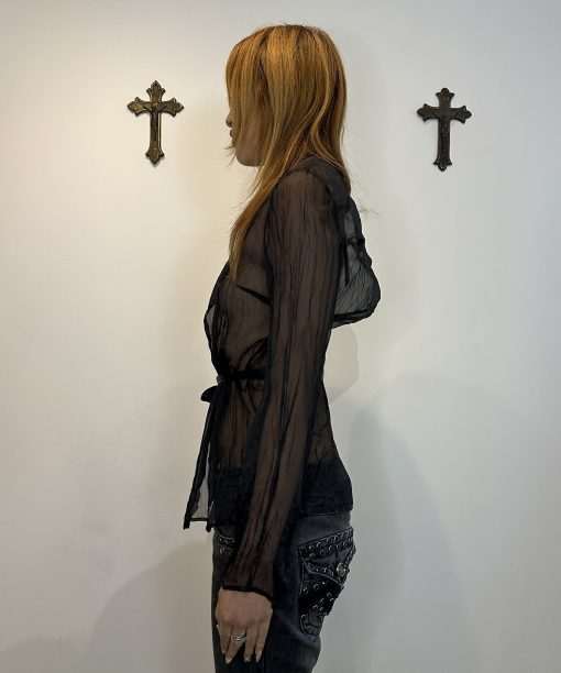 Alternative view of Vintage Sheer Black Wrap Blouse (XS-M)