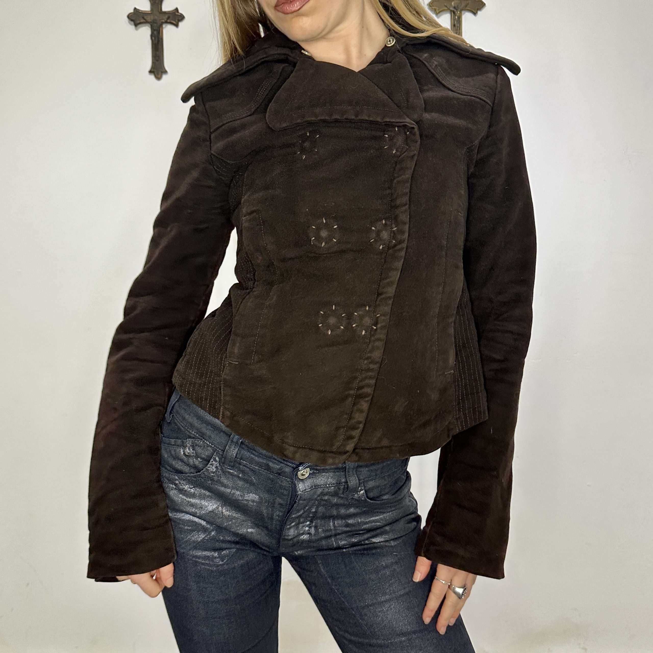 Vintage Gothic Double Breasted Cropped Crushed Velvet Jacket (S)
