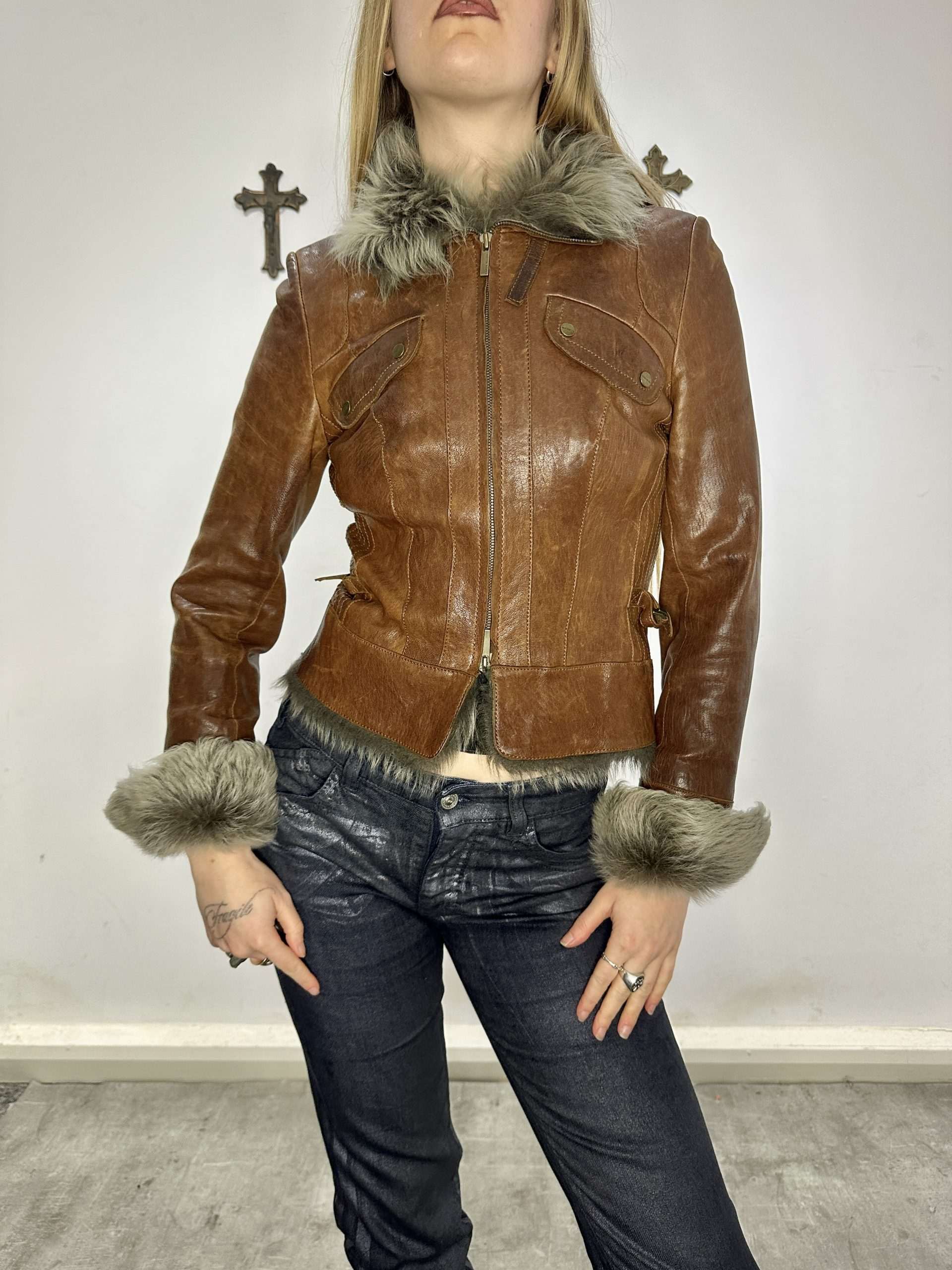 Vintage Karen Millen Leather Faux Fur Trim Jacket (S)