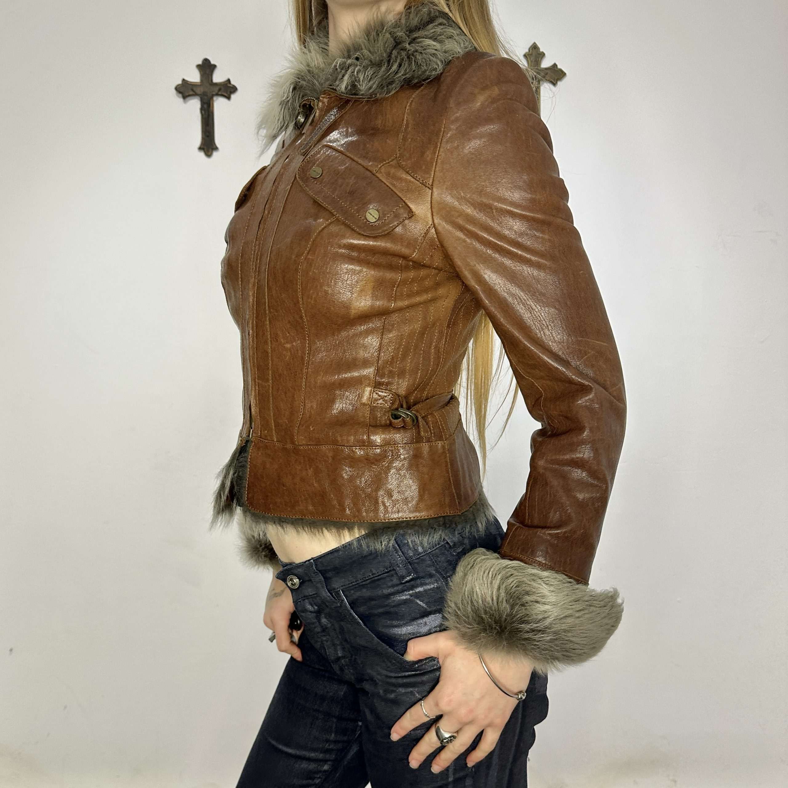 Vintage Karen Millen Leather Faux Fur Trim Jacket (S) - Image 3
