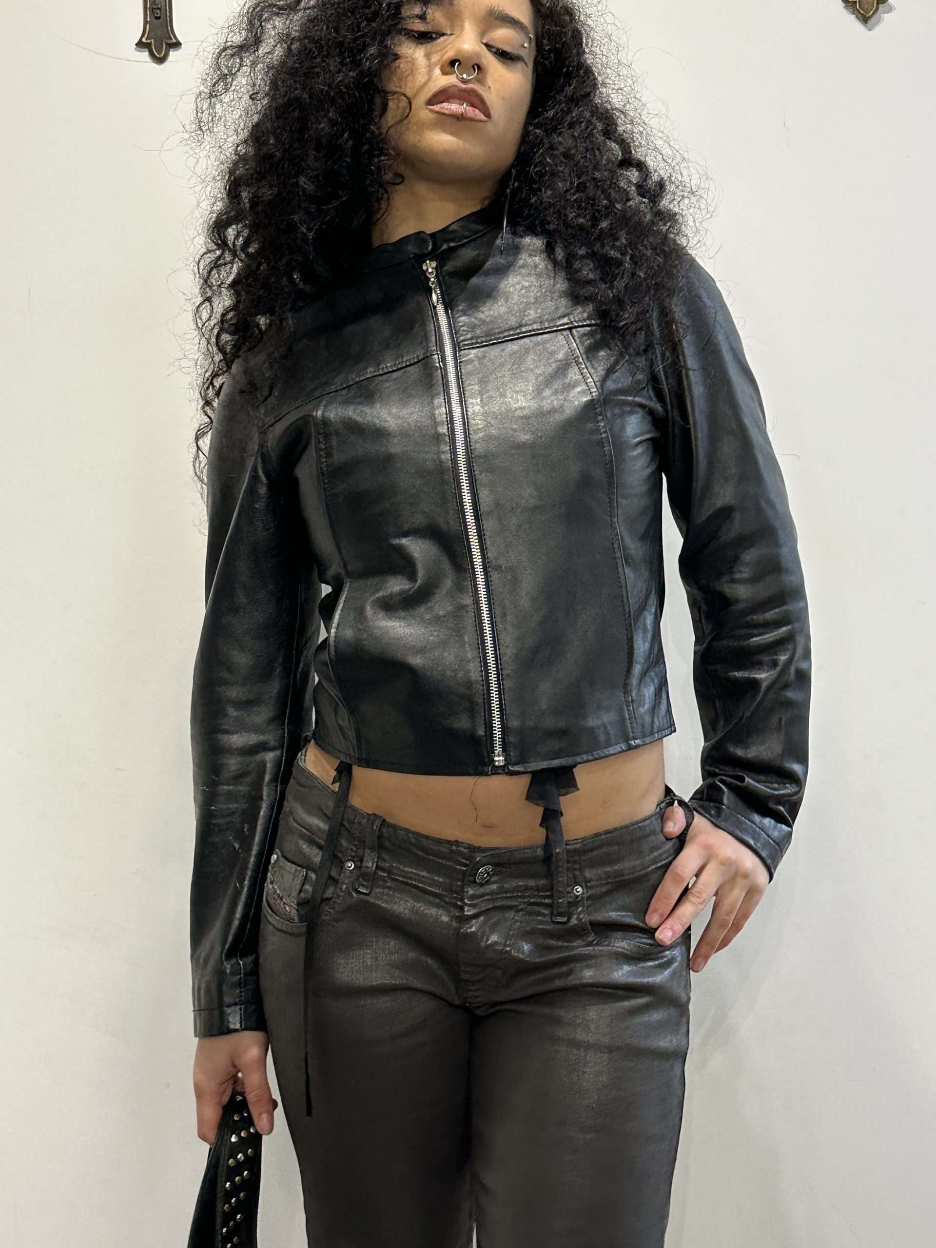 Vintage Leather Black Cropped Jacket (S)