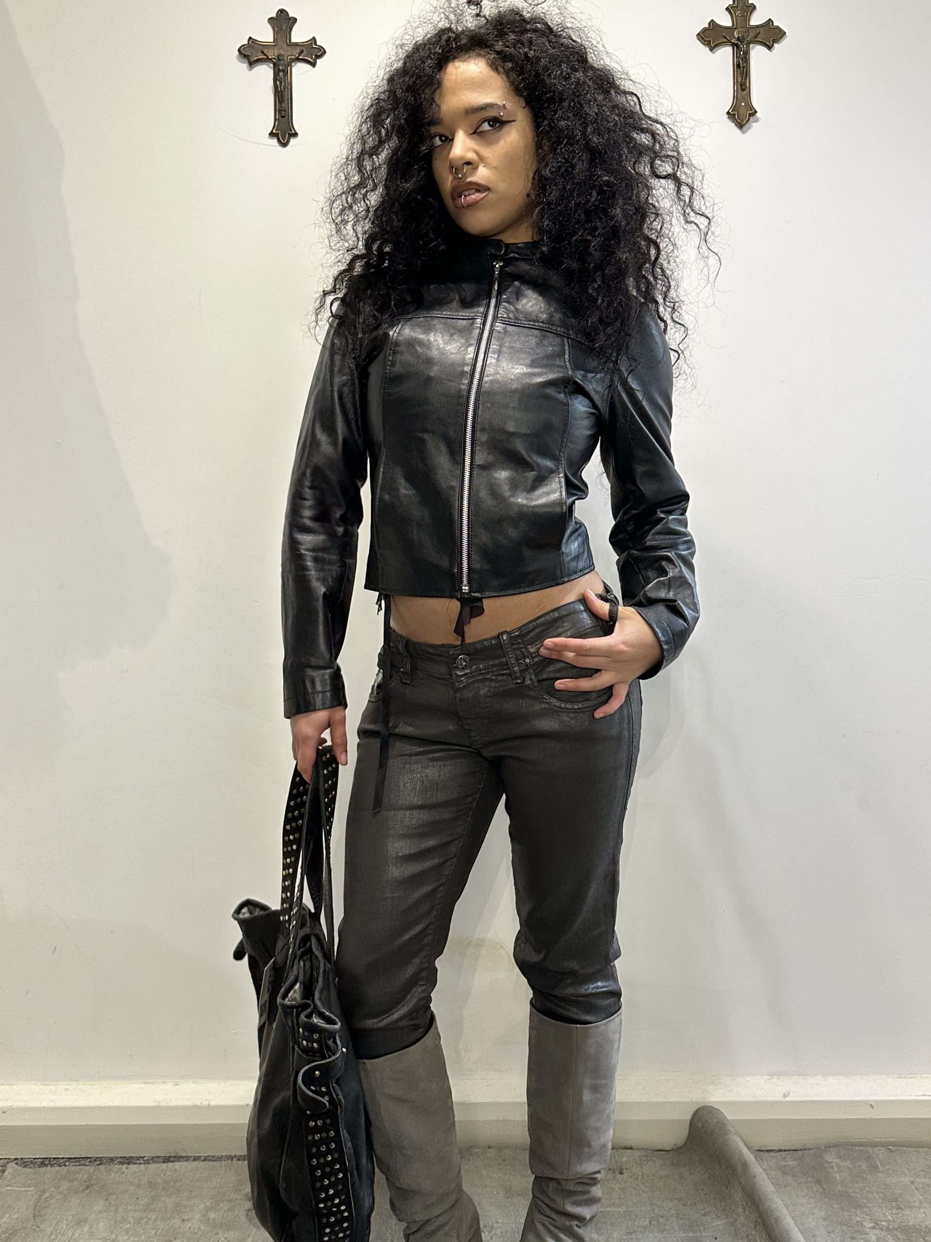 Vintage Black Leather Fitted Moto Jacket (S)