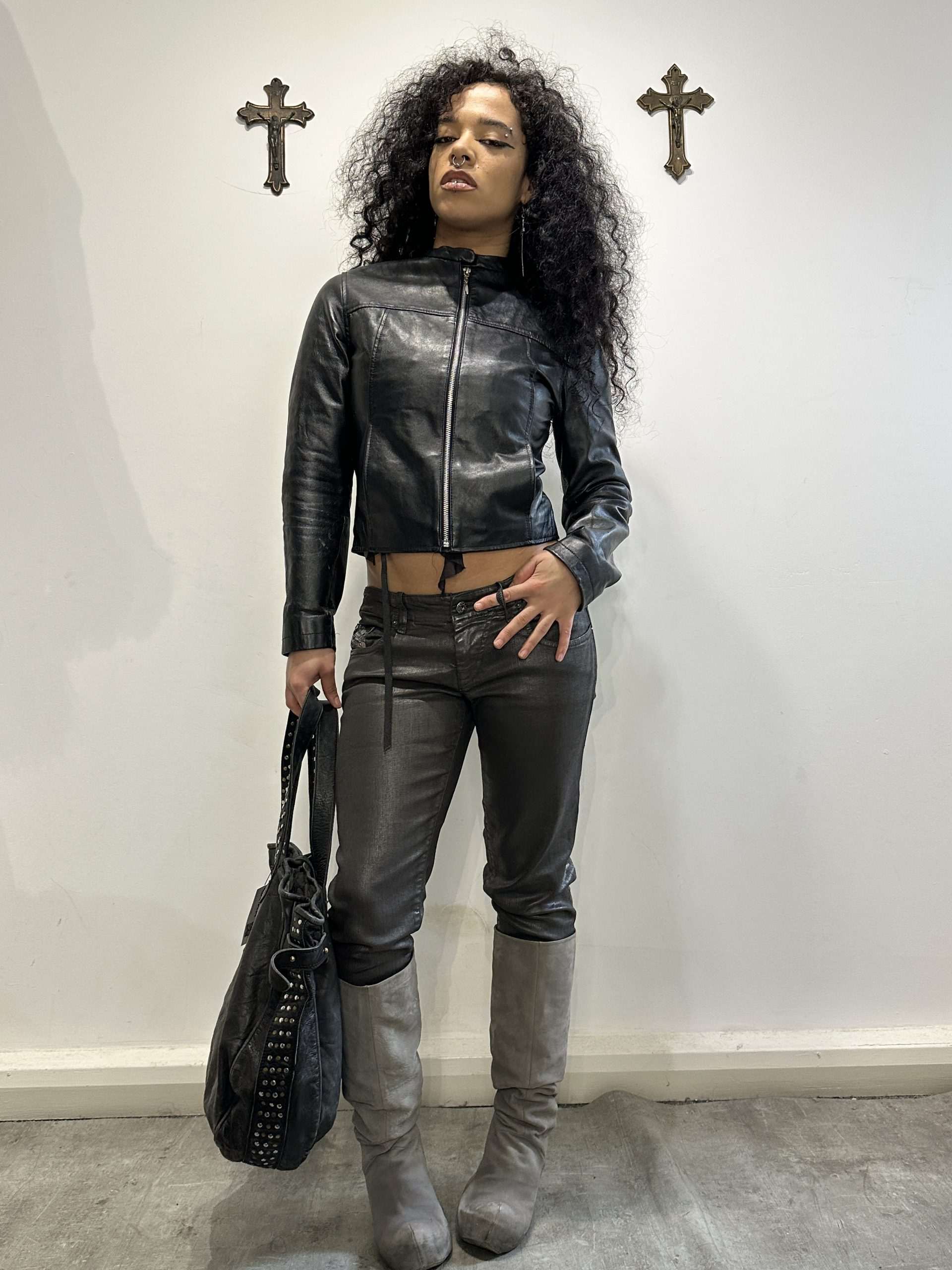 Vintage Leather Black Cropped Jacket (S) - Image 5