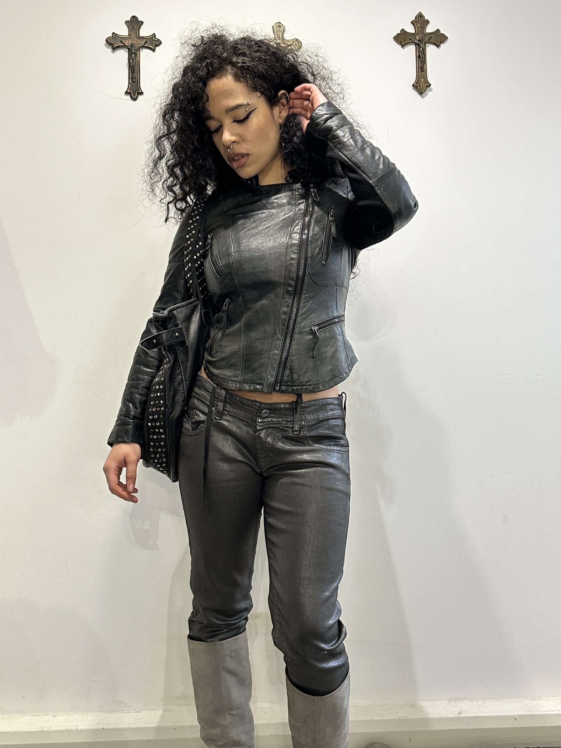 Vintage Zipper Moto Fitted Biker Jacket (XS/S)