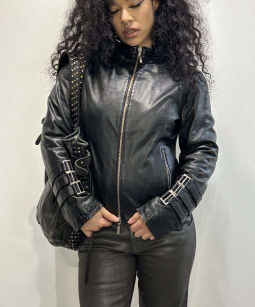 Vintage Black Buckle Italian Leather Jacket (M)