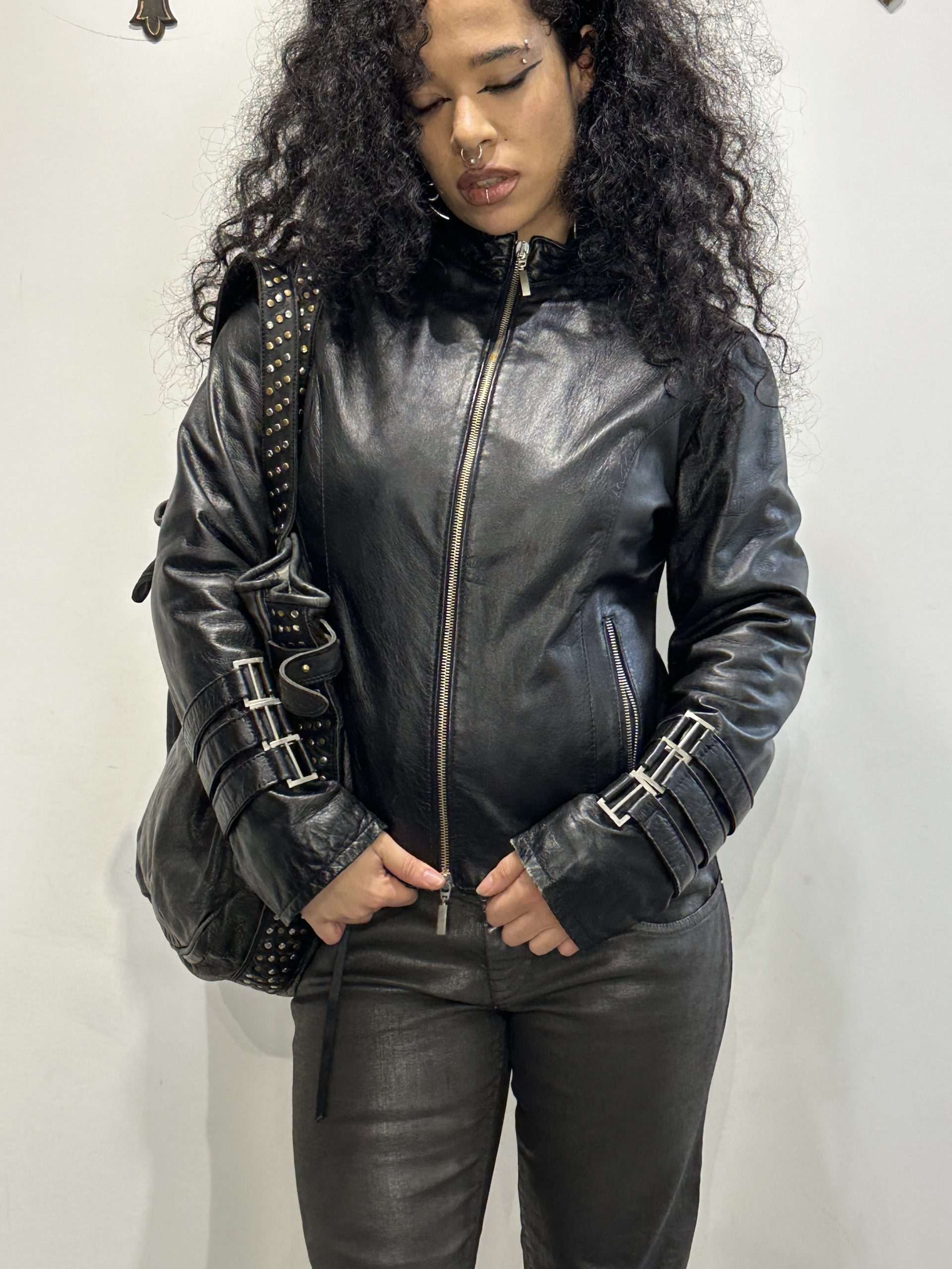 Vintage Black Buckle Italian Leather Jacket (M)