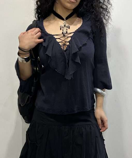 Vintage Italian Lace-up Front Ruffle Gothic Blouse (S/M) - Image 6