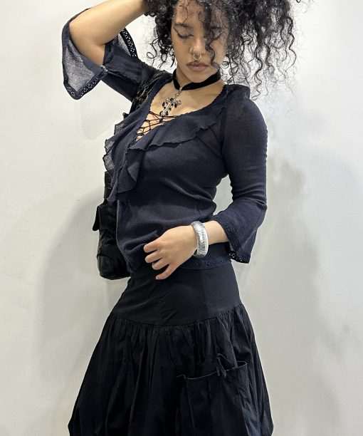 Vintage Italian Lace-up Front Ruffle Gothic Blouse (S/M) - Image 3