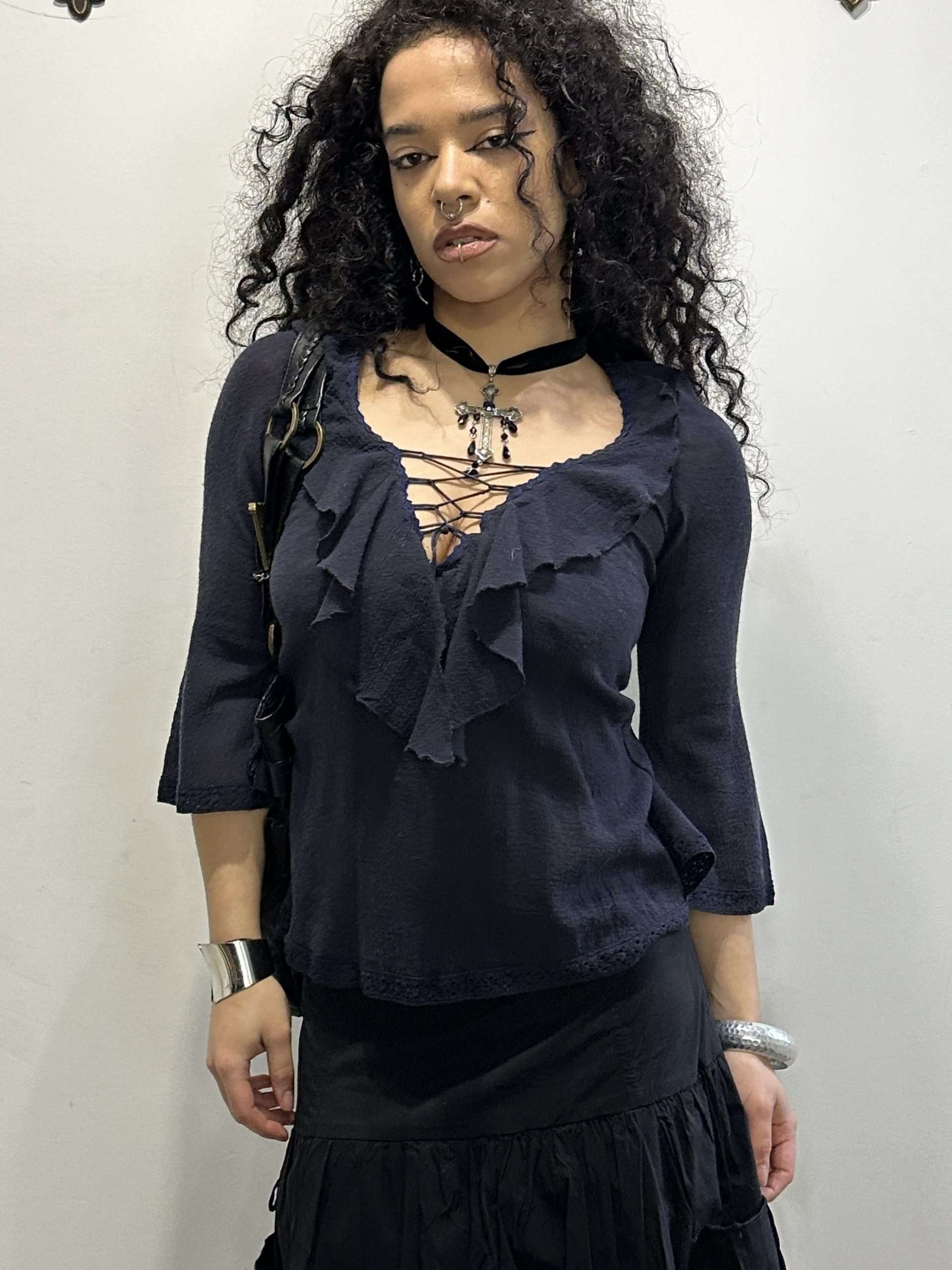 Vintage Italian Lace-up Front Ruffle Gothic Blouse (S/M) - Image 2