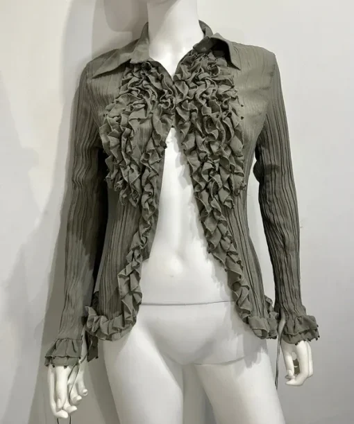 Vintage Green Whimsygoth Ruffle Sheer Button Blouse (S-M)