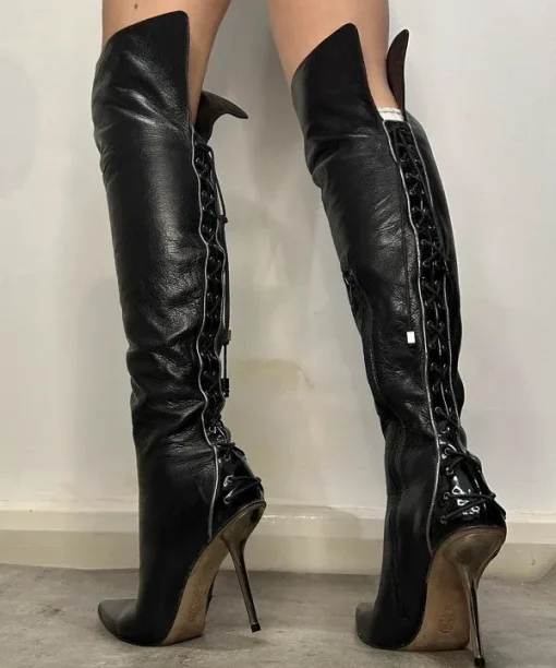Vintage Real Leather Over the Knee Stiletto Lace up Back Black Boots (UK 5)