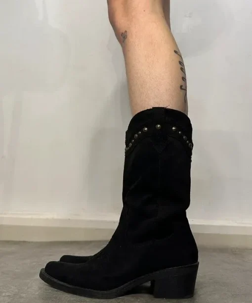 Alternative view of Vintage Stud Grunge Black Suede feel Cowboy Boots ( UK 6)